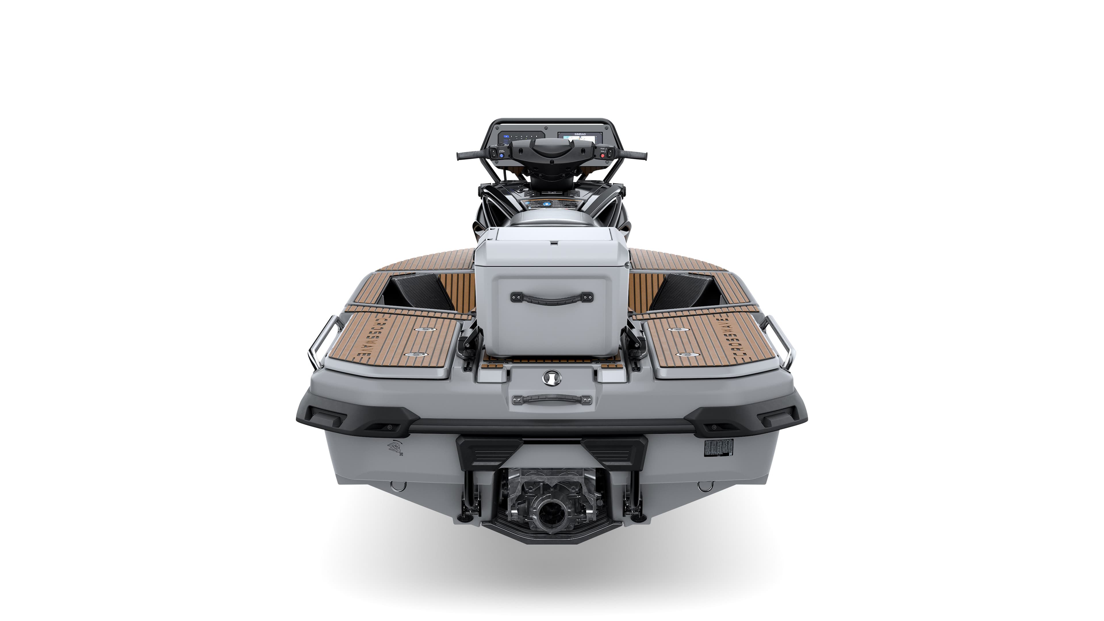 Rear view of white wakeboard boat with wake tower and teak deck platforms