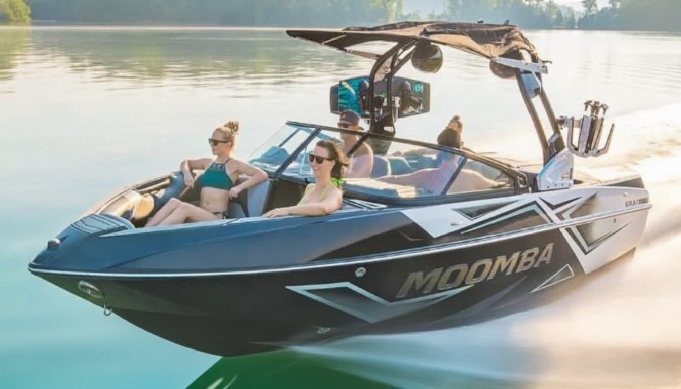 Moomba wakeboard boat on a calm lake with four passengers and an extended wakeboard tower.