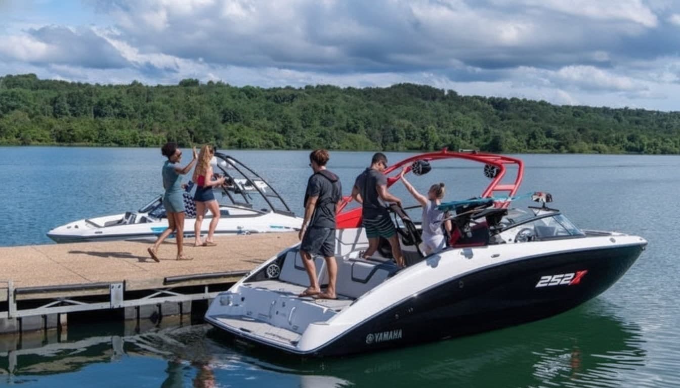 Group of people boarding white and black center console boats with Yamaha outboards at a sandy dock, with forested shoreline in the background.