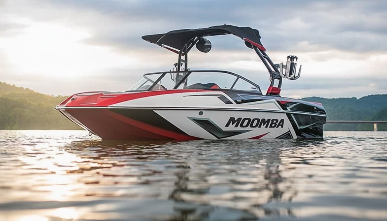 Red and white Moomba wakeboard boat anchored on a lake with a wakeboard tower and outboard motor, surrounded by forested hills.