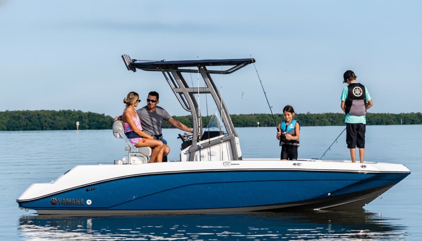 A blue and white Yamaha center console boat anchored on calm water with a family of four, including two children fishing from the side.