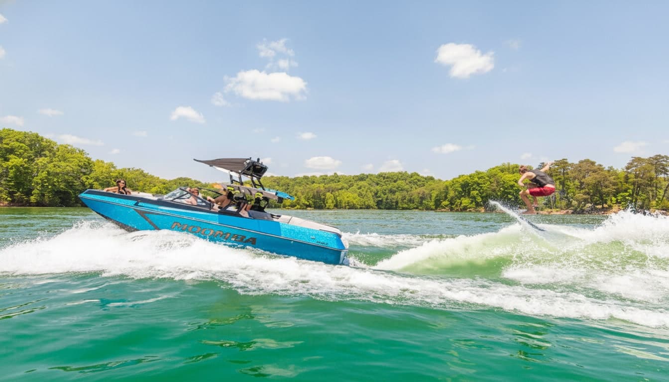 Blue wakeboard boat with tower towing a wakeboarder on turquoise water, with passengers aboard and forested shoreline visible.