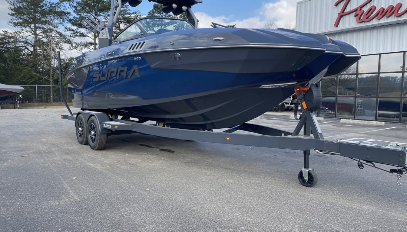 Supra wakeboard boat on trailer at Premier Watersports dealership lot