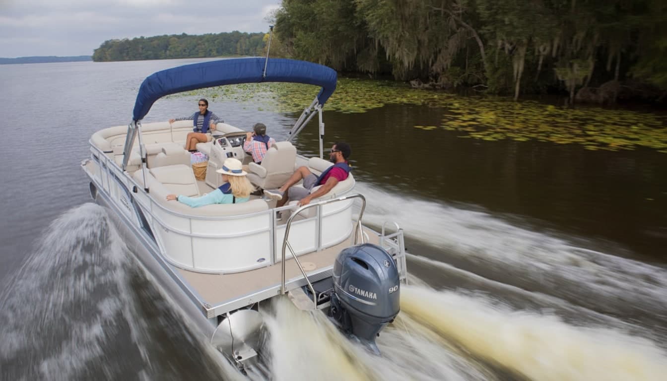 Pontoon boat with six people underway on water lined with cypress trees, powered by a Yamaha outboard motor.