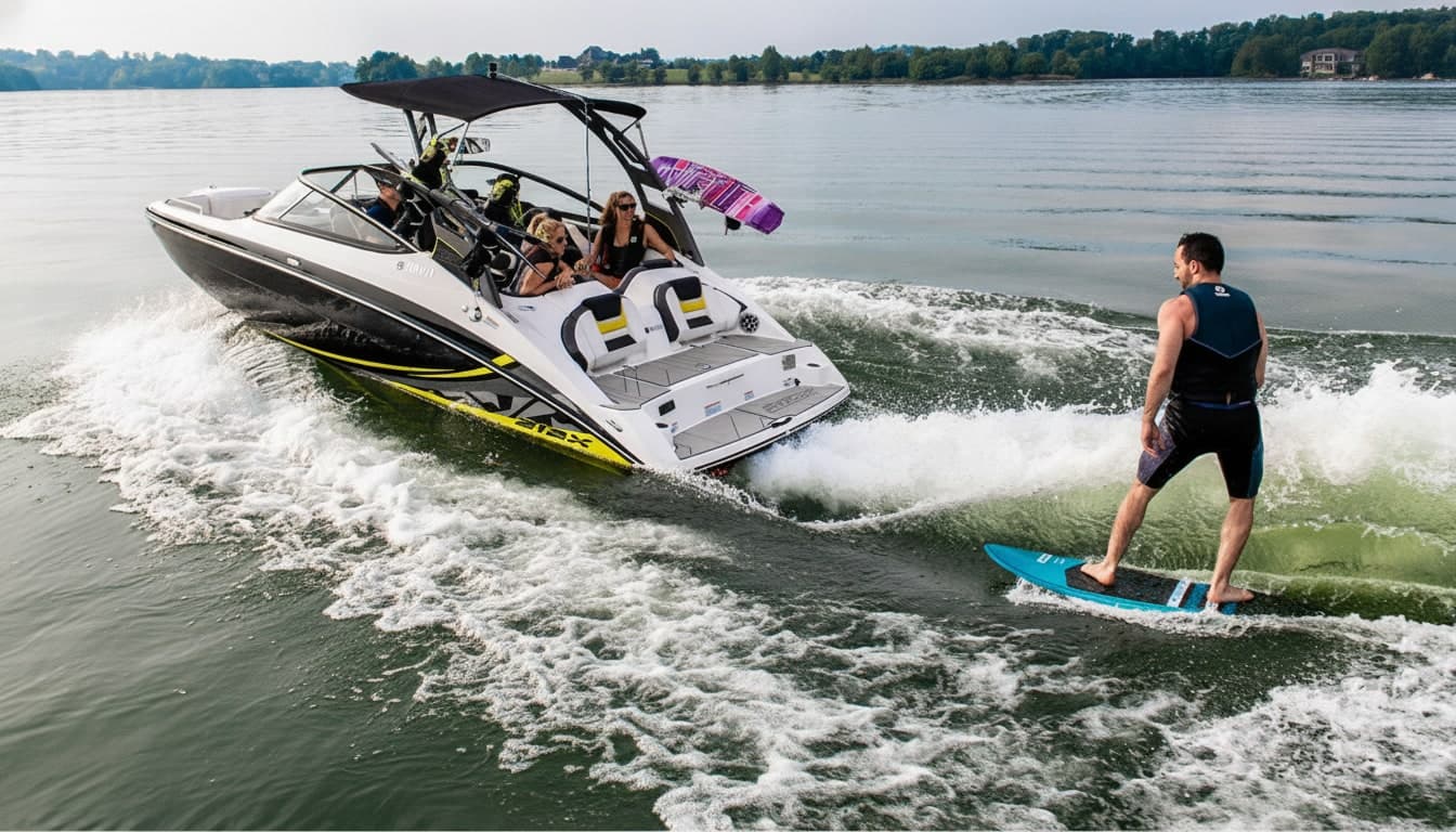 White wakeboard boat with passengers and wakeboard tower creating wake for wakeboarder on purple board in lake.