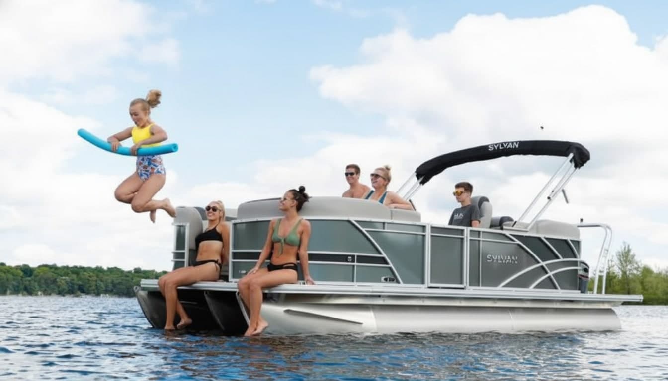 A Sylvan pontoon boat on water with family and friends enjoying recreation, including a child jumping off the platform into the water.