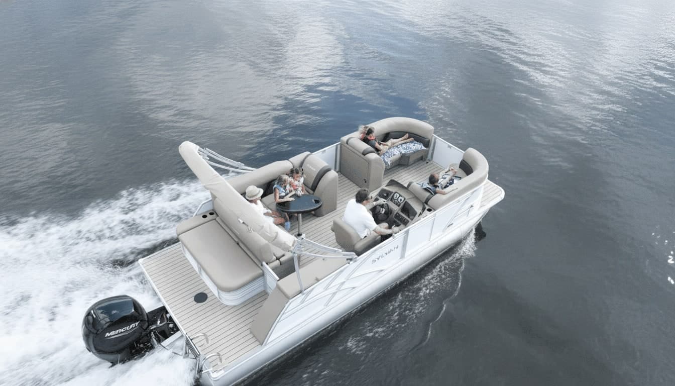 Aerial photograph of a cream-white Sylvan pontoon boat with four passengers cruising on calm water, powered by a Mercury outboard motor.