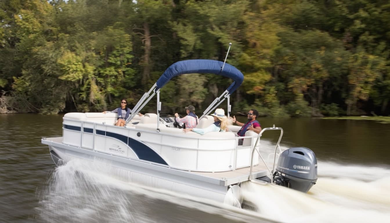 White pontoon boat with blue wakeboard tower underway on a river with five passengers aboard and dense green forestry in the background.