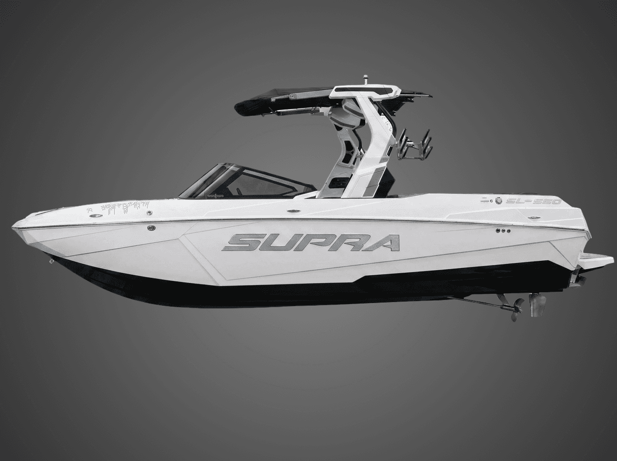 A 2026 Supra SL550 wakeboard boat with a wakeboard tower displayed on a neutral background.